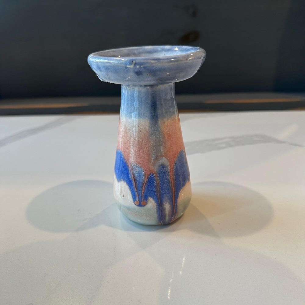 Studio Pottery Drip Glaze Candle Holder Blue Cream Ceramic Handcrafted 5"